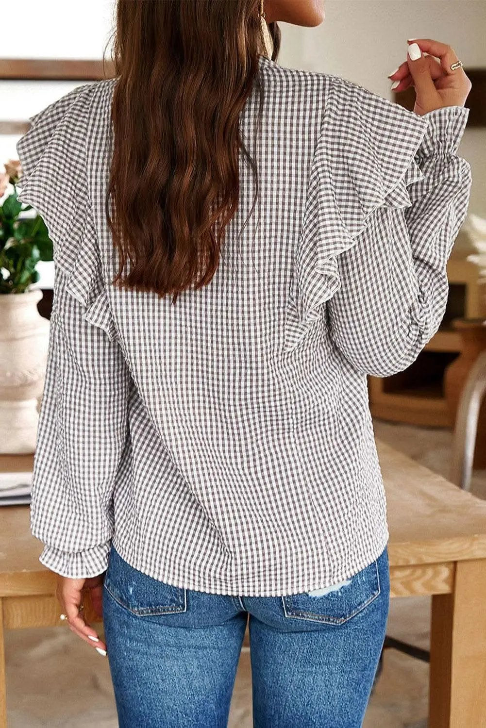 Brown Plaid Flounce Sleeve Notched Neck Ruffled Shirt - Love Salve